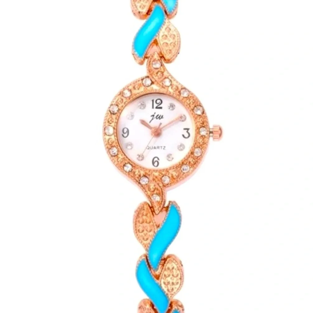 Delicate Blue Opal W/Rhinestones Decorating Outer Trim Bracelet Jewelry Watch